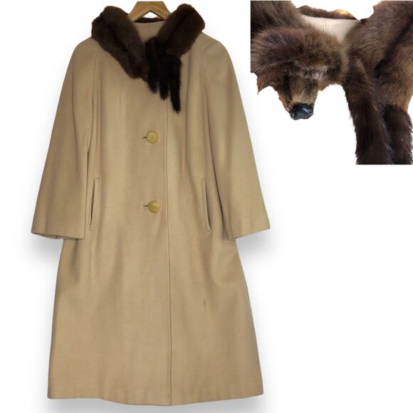 Women 80s Tan Long Coat Sz S 100% Cashmere Brown Real Mink Fur Scarf Wrap Collar